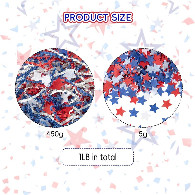 CIPOWM 16oz Patriotic Crinkle Cut Paper Shred, 3 Colors Red White Blue 4th of July Raffia Paper Shred Filler with Star Confetti Shredded Paper Grass for Gift Wrapping Craft DIY Gift Bag Box Filling Party Supply - Image 2